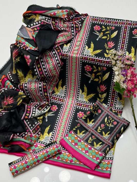 DIgital Printed Shamooz Silk Three piece-Unstitched - Womensposhak