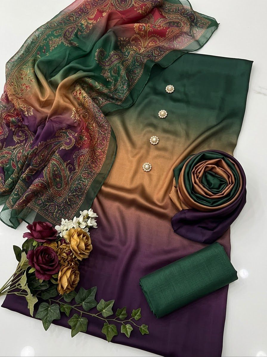 DIgital Printed Shamooz Silk Three piece-Unstitched