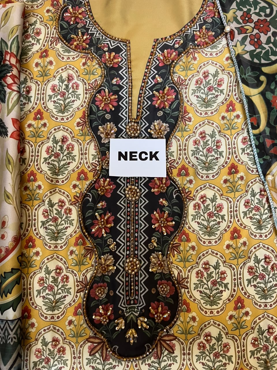 Kaaftan style 3 Piece Unstitched Suit with Pearl Handwork | Womenposhak