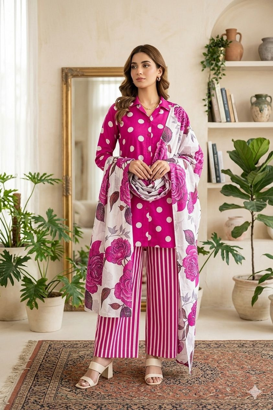 A woman models a three-piece salwar kameez suit in a bright, modern room with potted plants and shelves. The set features a vibrant magenta pink and white polka-dot kameez top, matching striped trousers, and a white dupatta with large pink floral prints.