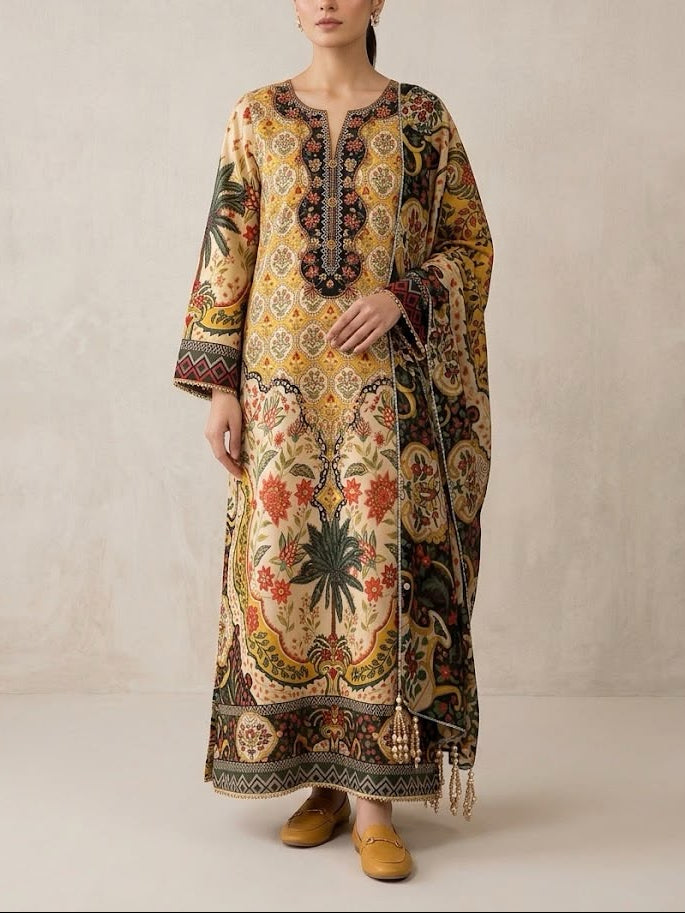 Kaaftan style 3 Piece Unstitched Suit with Pearl Handwork | Womenposhak