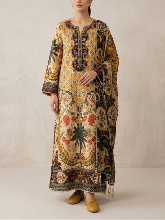 Kaaftan style 3 Piece Unstitched Suit with Pearl Handwork | Womenposhak