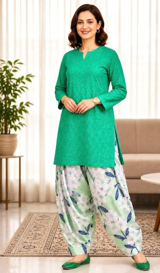 Two Piece Lawn Chiken kari Suit with Printed Trouser | Premium Unstitched Women's Suit - Womensposhak