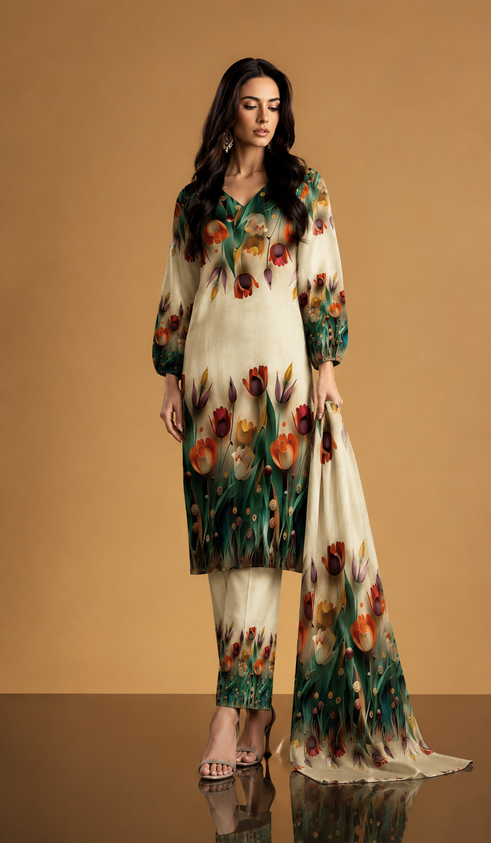 DIgital Printed Shamooz Silk Three piece-Unstitched.