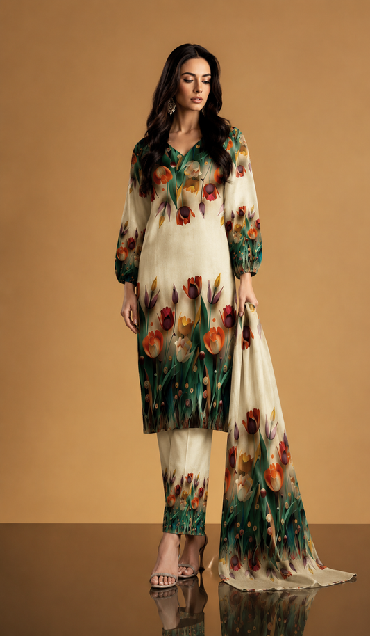 DIgital Printed Shamooz Silk Three piece-Unstitched. - Womensposhak