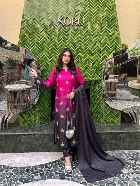 Premium Silk 3 Piece Unstitched Hand Embroidered Suit