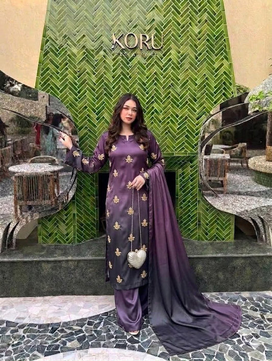 Premium Silk 3 Piece Unstitched Hand Embroidered Suit