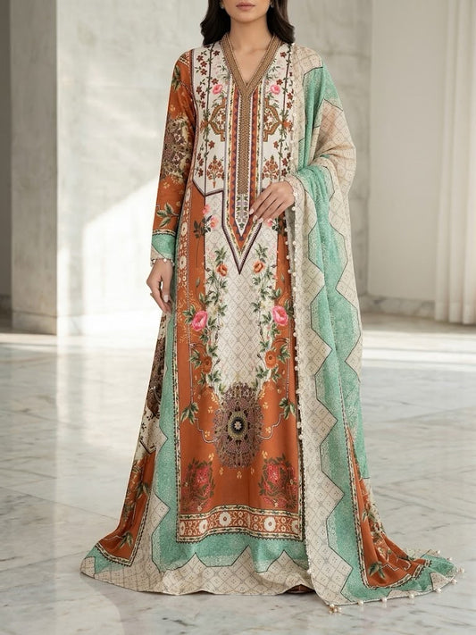 Kaaftan style 3 Piece Unstitched Suit with Pearl Handwork | Womenposhak