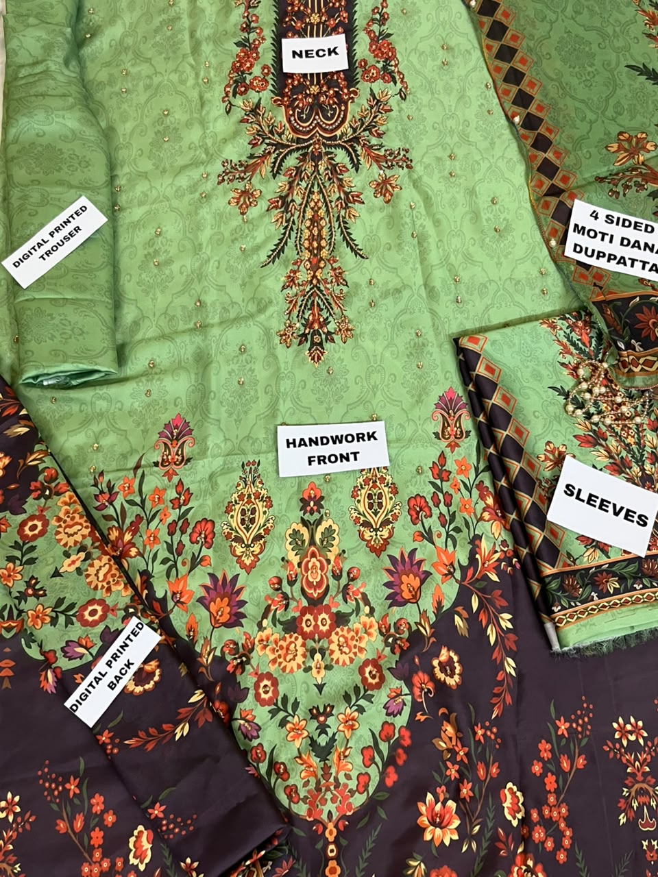 Kaaftan style 3 Piece Unstitched Suit with Pearl Handwork | Womenposhak