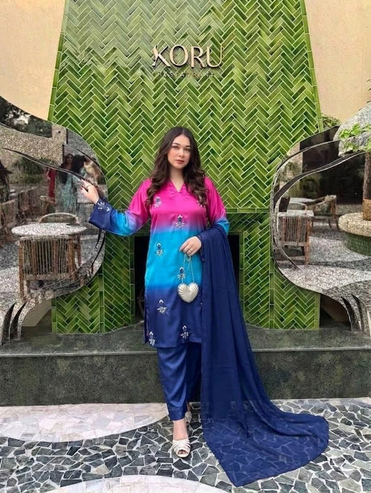 Premium Silk 3 Piece Unstitched Hand Embroidered Suit