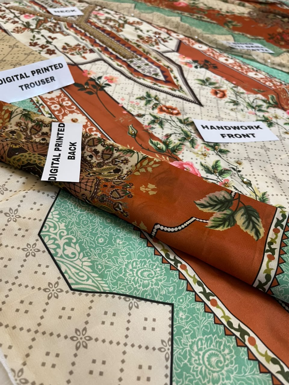 Kaaftan style 3 Piece Unstitched Suit with Pearl Handwork | Womenposhak