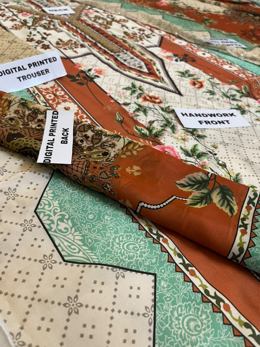 Kaaftan style 3 Piece Unstitched Suit with Pearl Handwork | Womenposhak