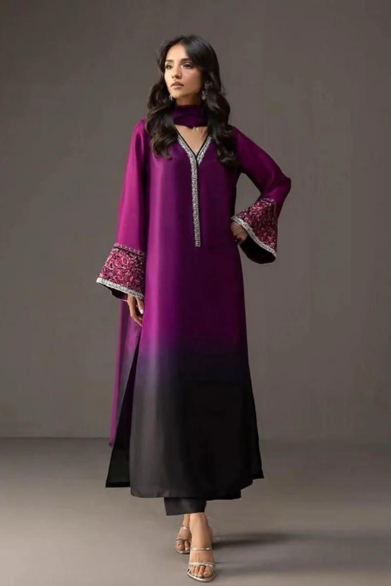 DIgital Printed Shamooz Silk Three piece-Unstitched