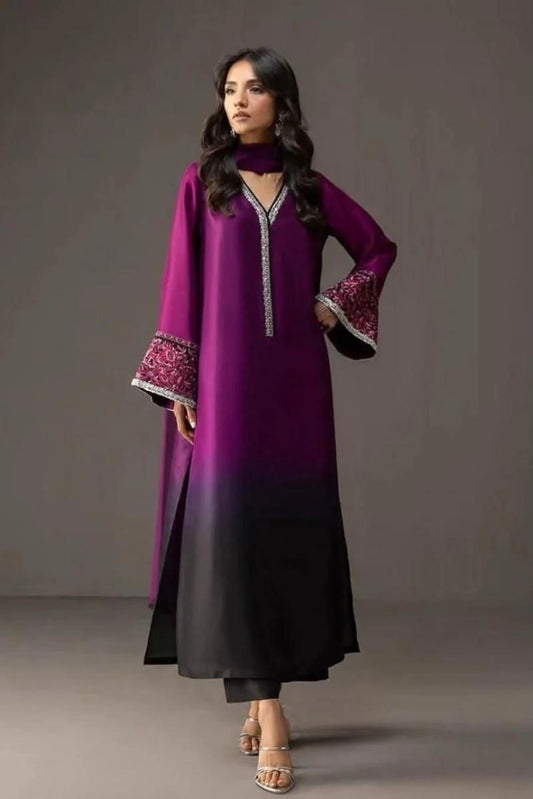 DIgital Printed Shamooz Silk Three piece-Unstitched - Womensposhak