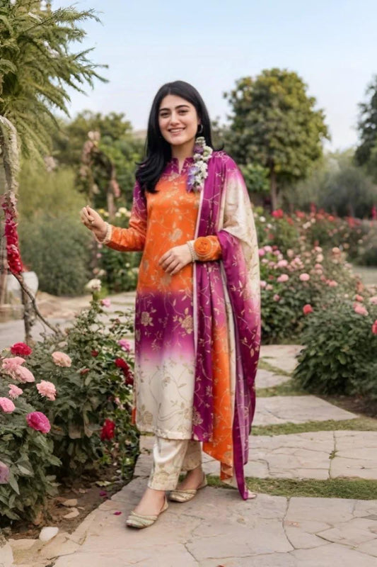 DIgital Printed Shamooz Silk Three piece-Unstitched - Womensposhak