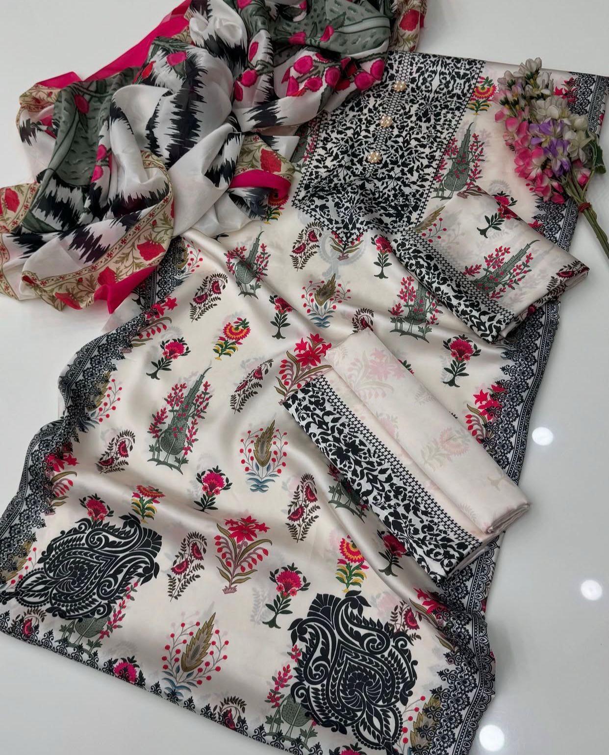 DIgital Printed Shamooz Silk Three piece-Unstitched