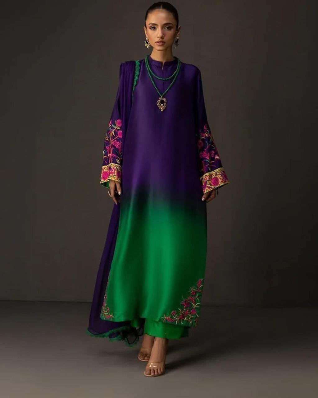 DIgital Printed Shamooz Silk Three piece-Unstitched