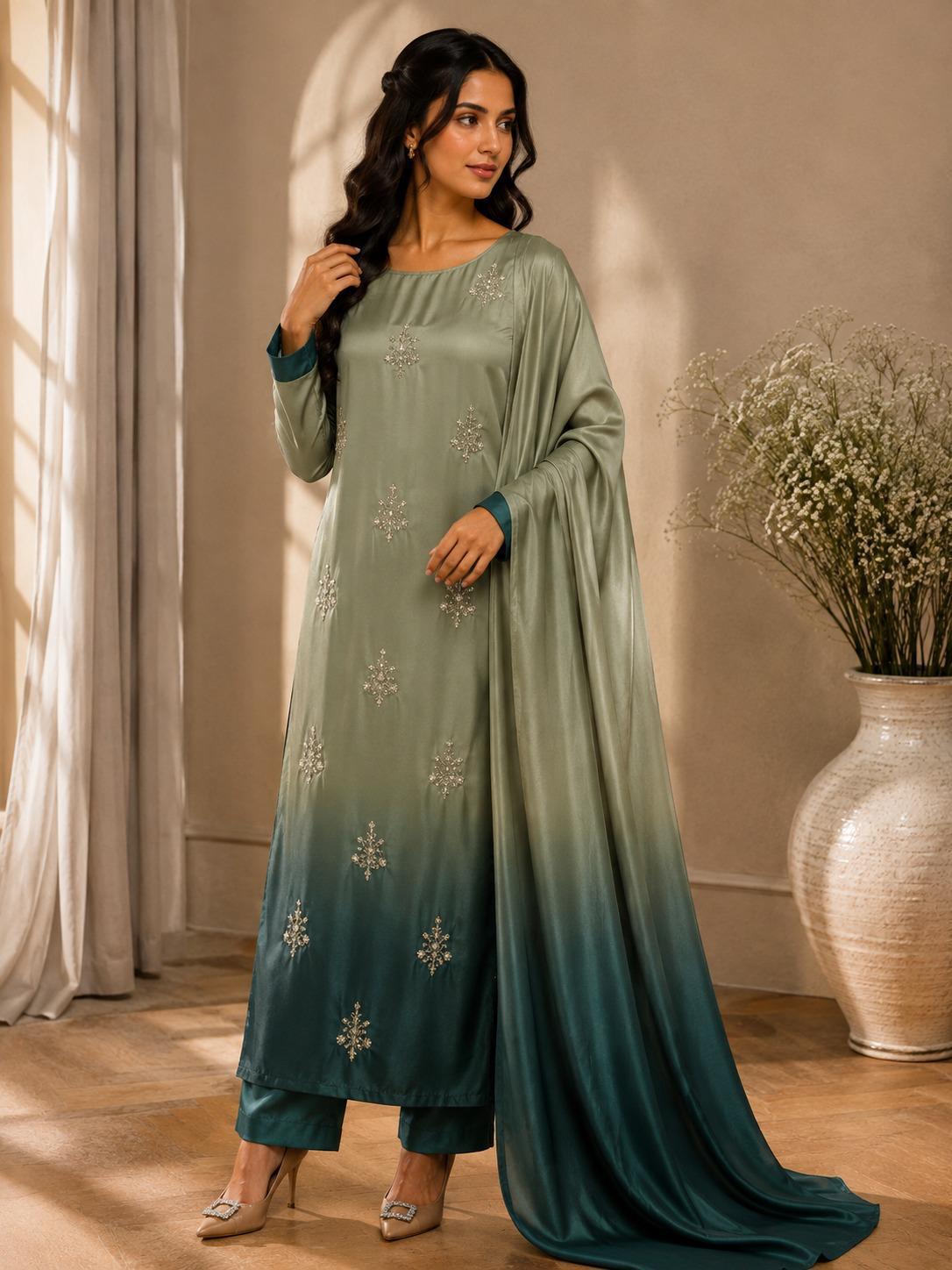 Premium Silk 3 Piece Unstitched Hand Embroidered Suit - Womensposhak