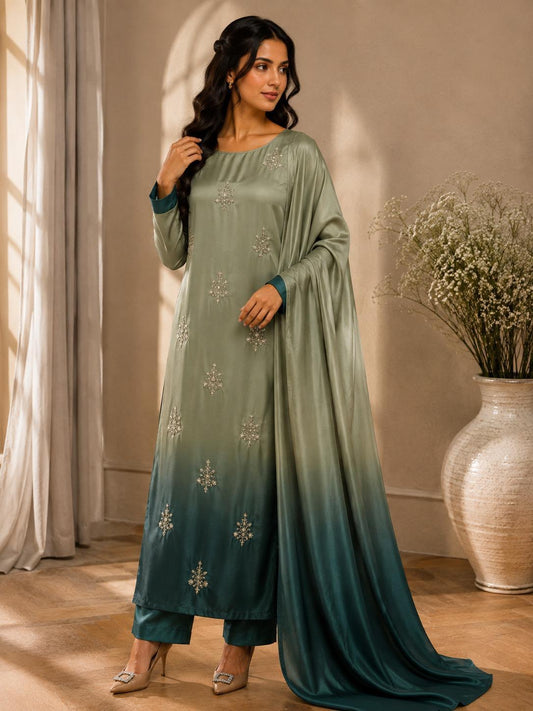 Premium Silk 3 Piece Unstitched Hand Embroidered Suit - Womensposhak