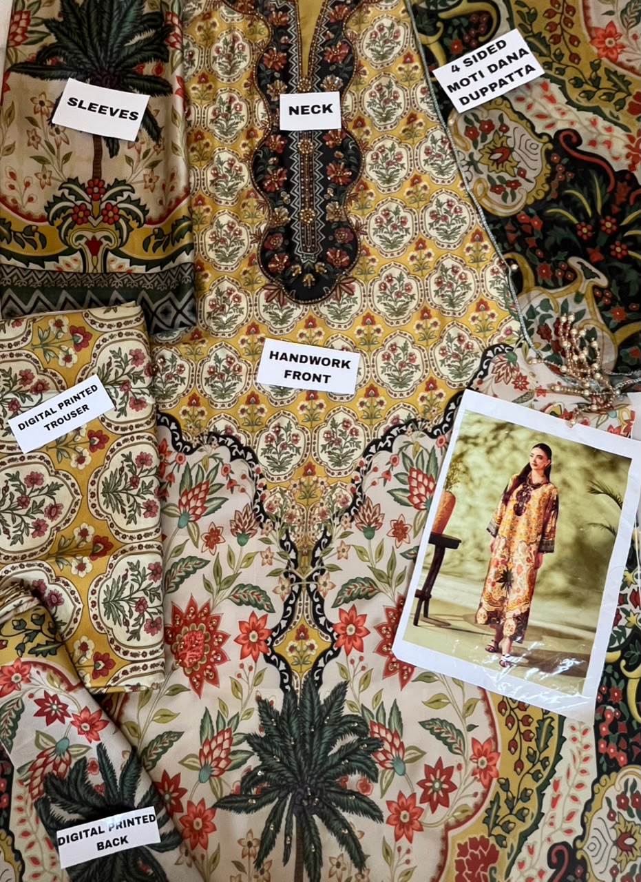 Kaaftan style 3 Piece Unstitched Suit with Pearl Handwork | Womenposhak