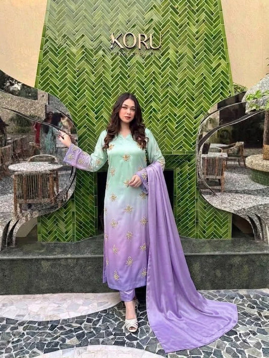 Premium Silk 3 Piece Unstitched Hand Embroidered Suit