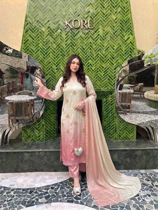 Premium Silk 3 Piece Unstitched Hand Embroidered Suit