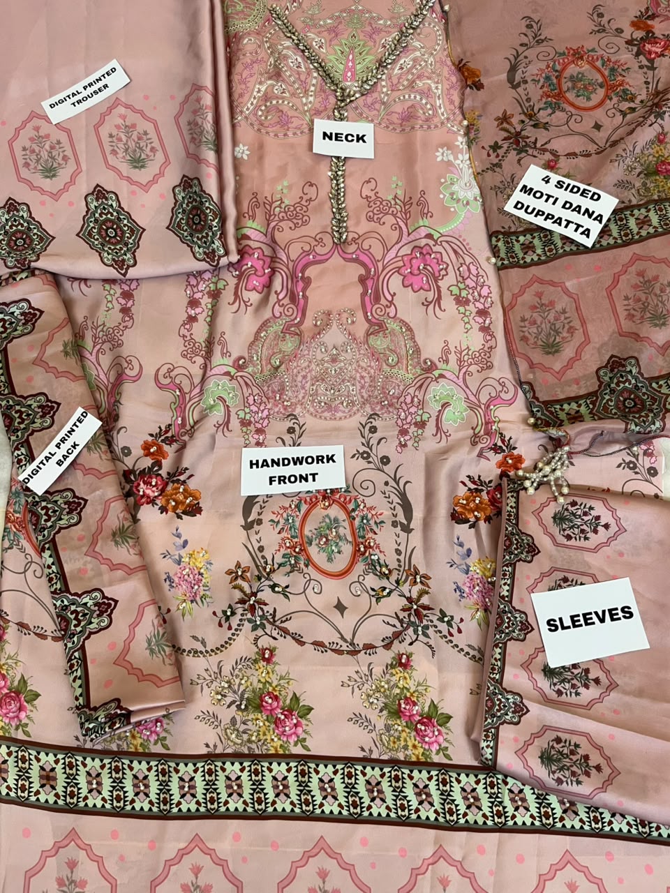 Kaaftan style 3 Piece Unstitched Suit with Pearl Handwork | Womenposhak
