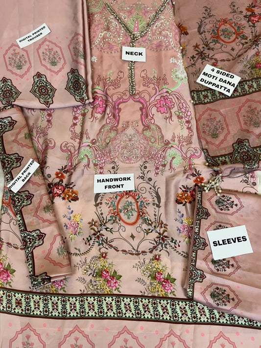 Kaaftan style 3 Piece Unstitched Suit with Pearl Handwork | Womenposhak