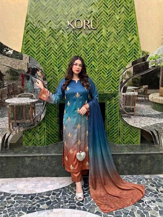 Premium Silk 3 Piece Unstitched Hand Embroidered Suit