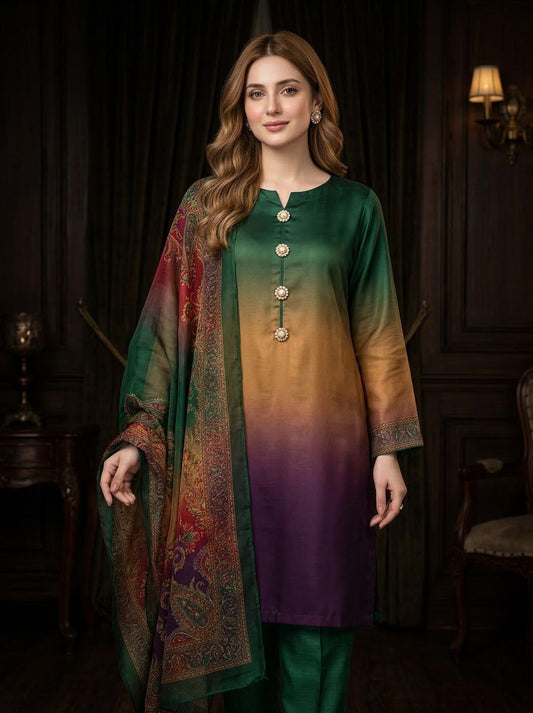 DIgital Printed Shamooz Silk Three piece-Unstitched